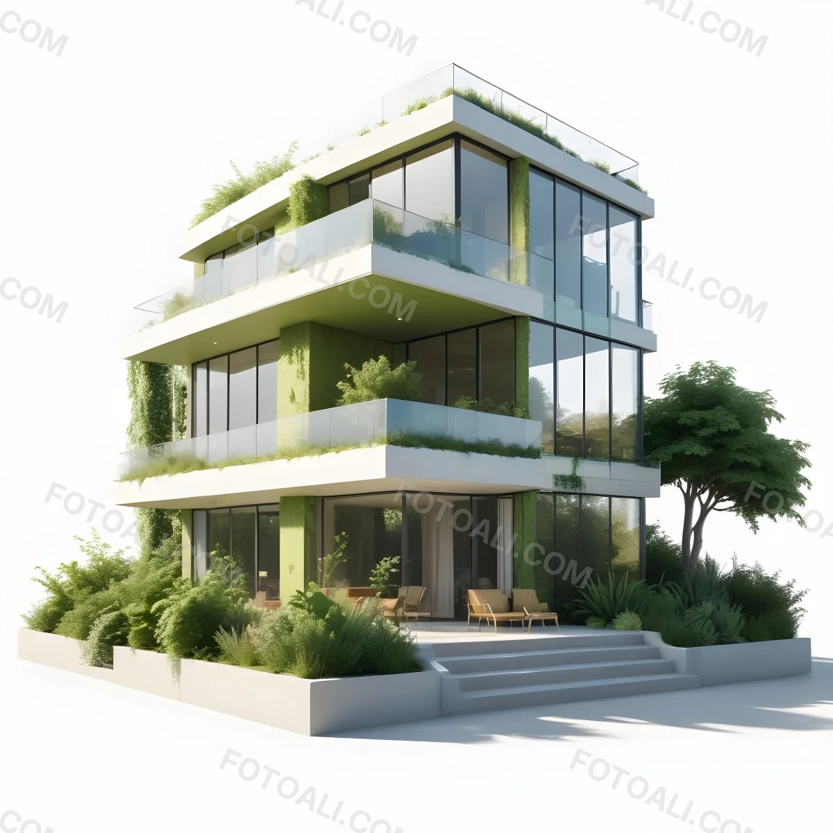 Modern Minimalist Green Three Story House With Large Windows And Green Roof Surrounded By Green Trees And Plants Bright Sunlight Clean Lines Open Floor Plan Outdoor Seating Area 5 A9d4