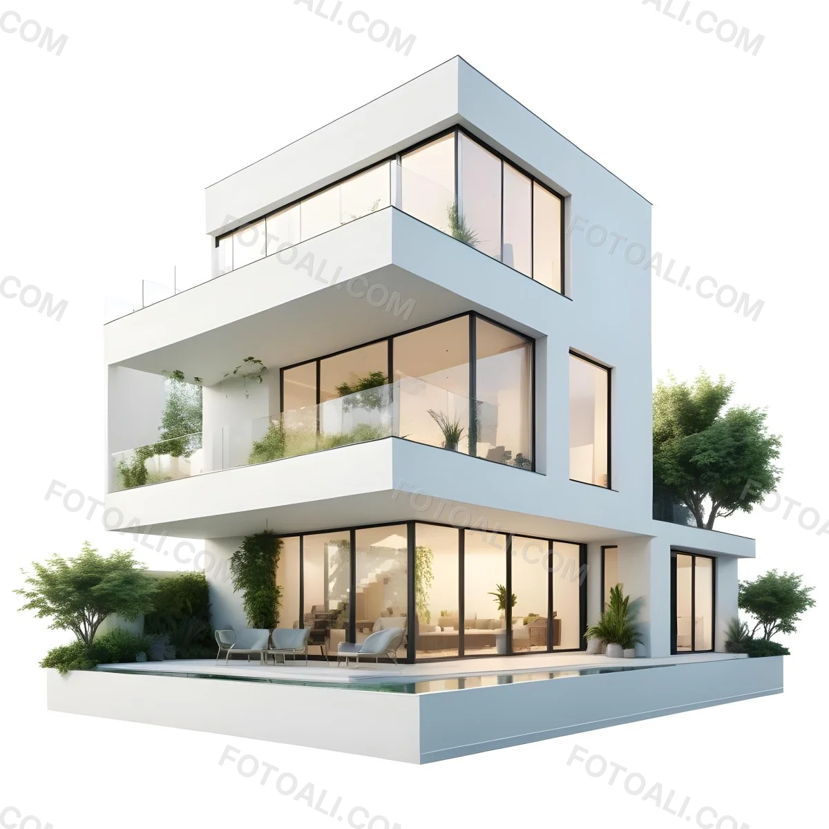 Modern Minimalist Green Three Story House With Large Windows And Green Roof Surrounded By Green Trees And Plants Bright Sunlight Clean Lines Open Floor Plan Outdoor Seating Area 62 Deec