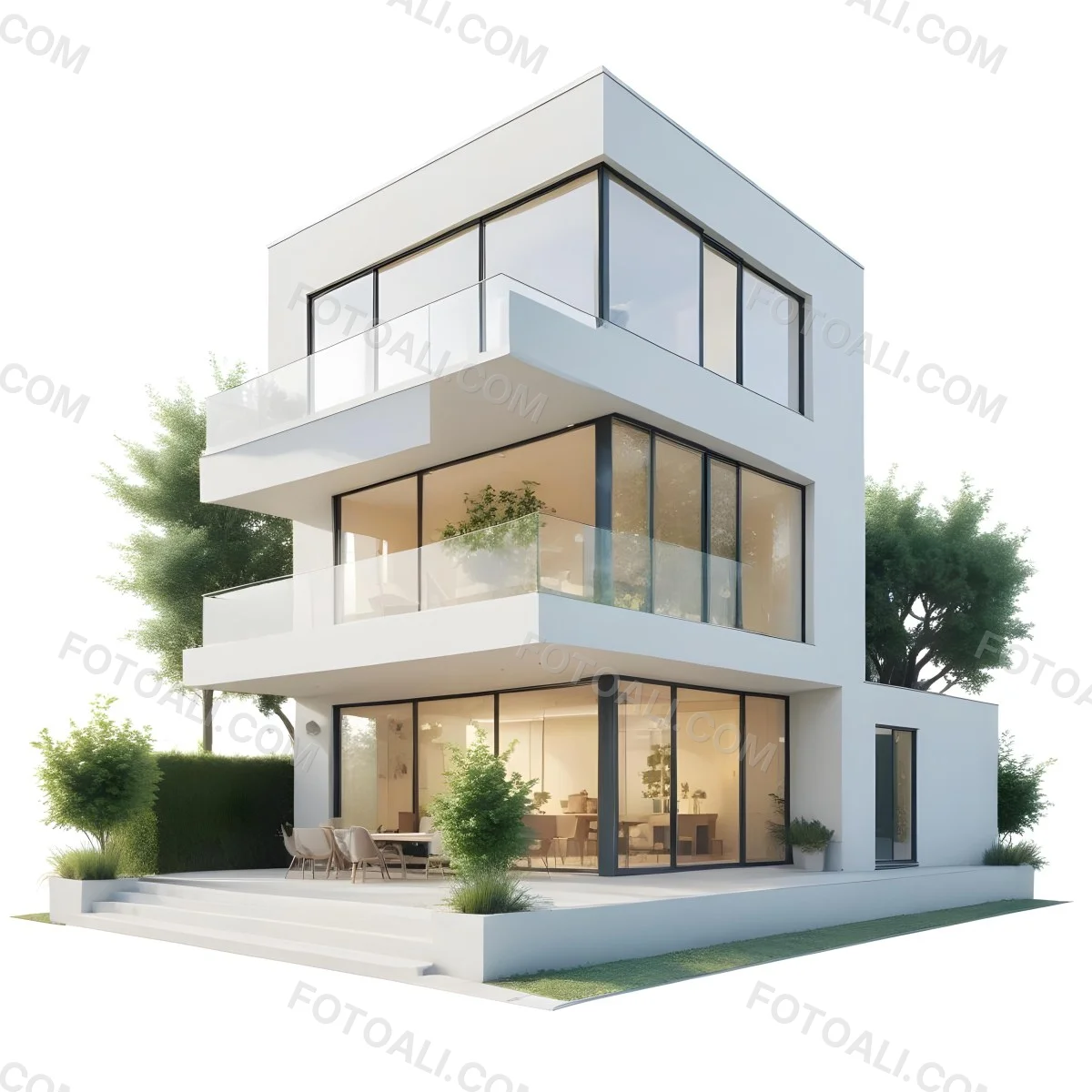 Modern Minimalist Green Three Story House With Large Windows And Green Roof Surrounded By Green Trees And Plants Bright Sunlight Clean Lines Open Floor Plan Outdoor Seating Area 67 6e42