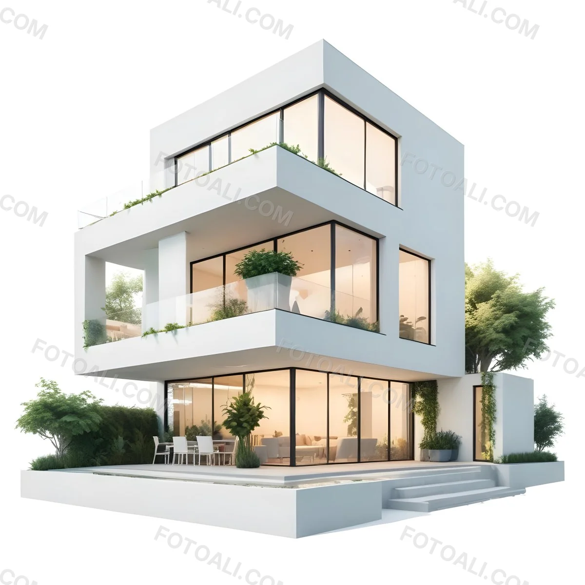 Modern Minimalist Green Three Story House With Large Windows And Green Roof Surrounded By Green Trees And Plants Bright Sunlight Clean Lines Open Floor Plan Outdoor Seating Area 79 C8bb