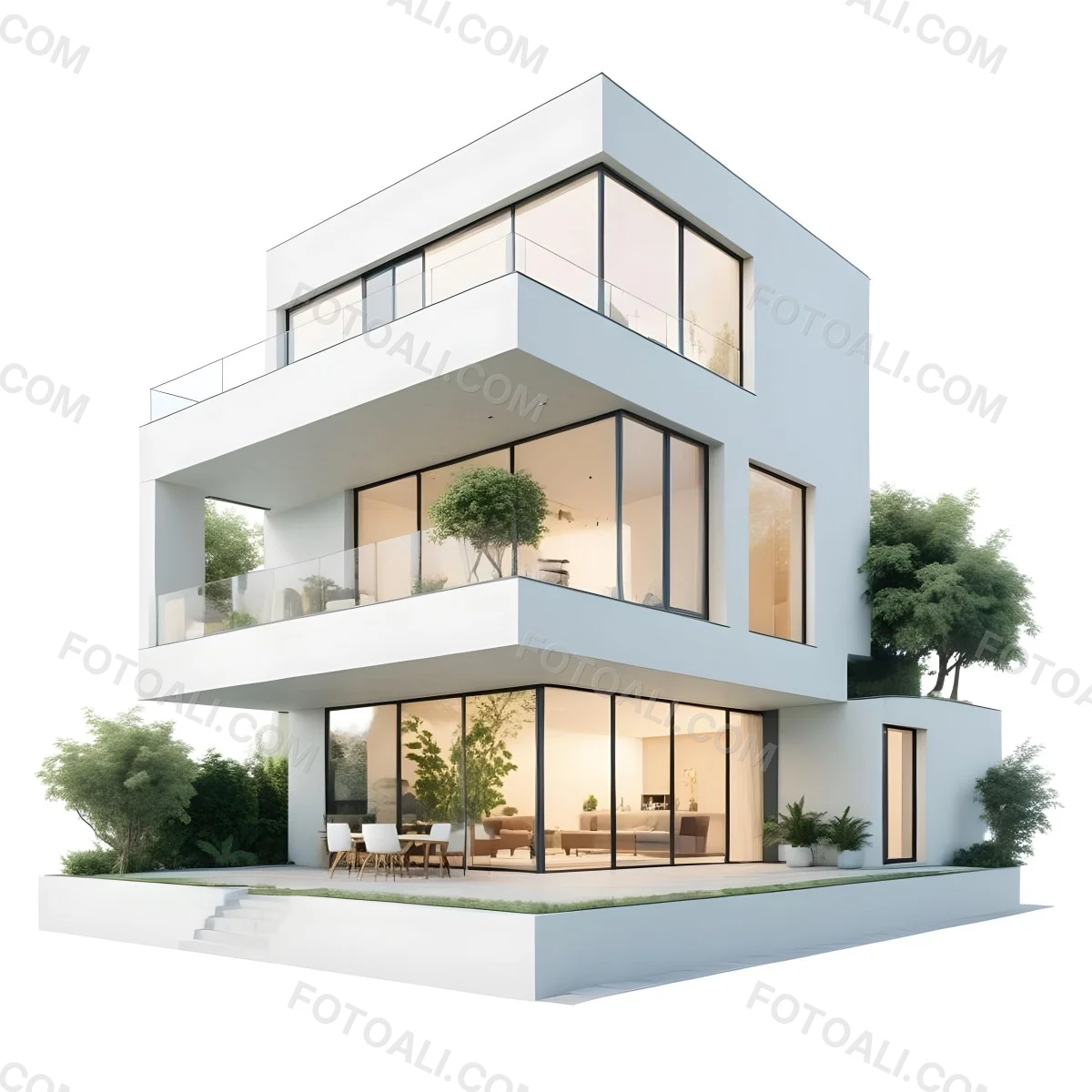 Modern Minimalist Green Three Story House With Large Windows And Green Roof Surrounded By Green Trees And Plants Bright Sunlight Clean Lines Open Floor Plan Outdoor Seating Area 8 7a96