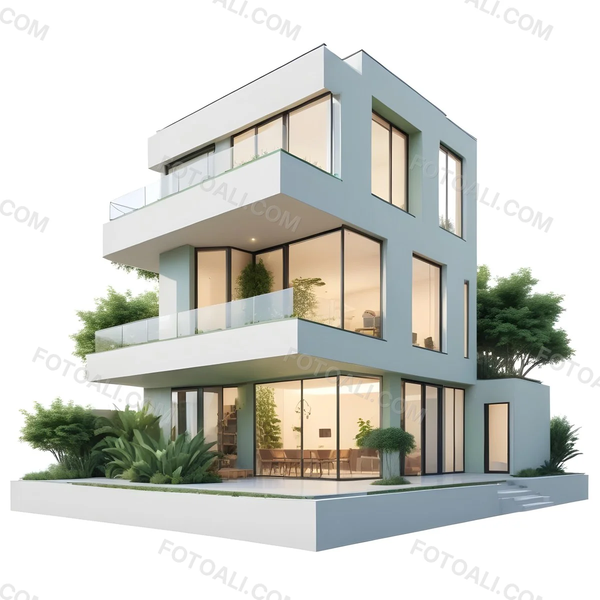 Modern Minimalist Green Three Story House With Large Windows And Green Roof Surrounded By Green Trees And Plants Bright Sunlight Clean Lines Open Floor Plan Outdoor Seating Area 80 B736