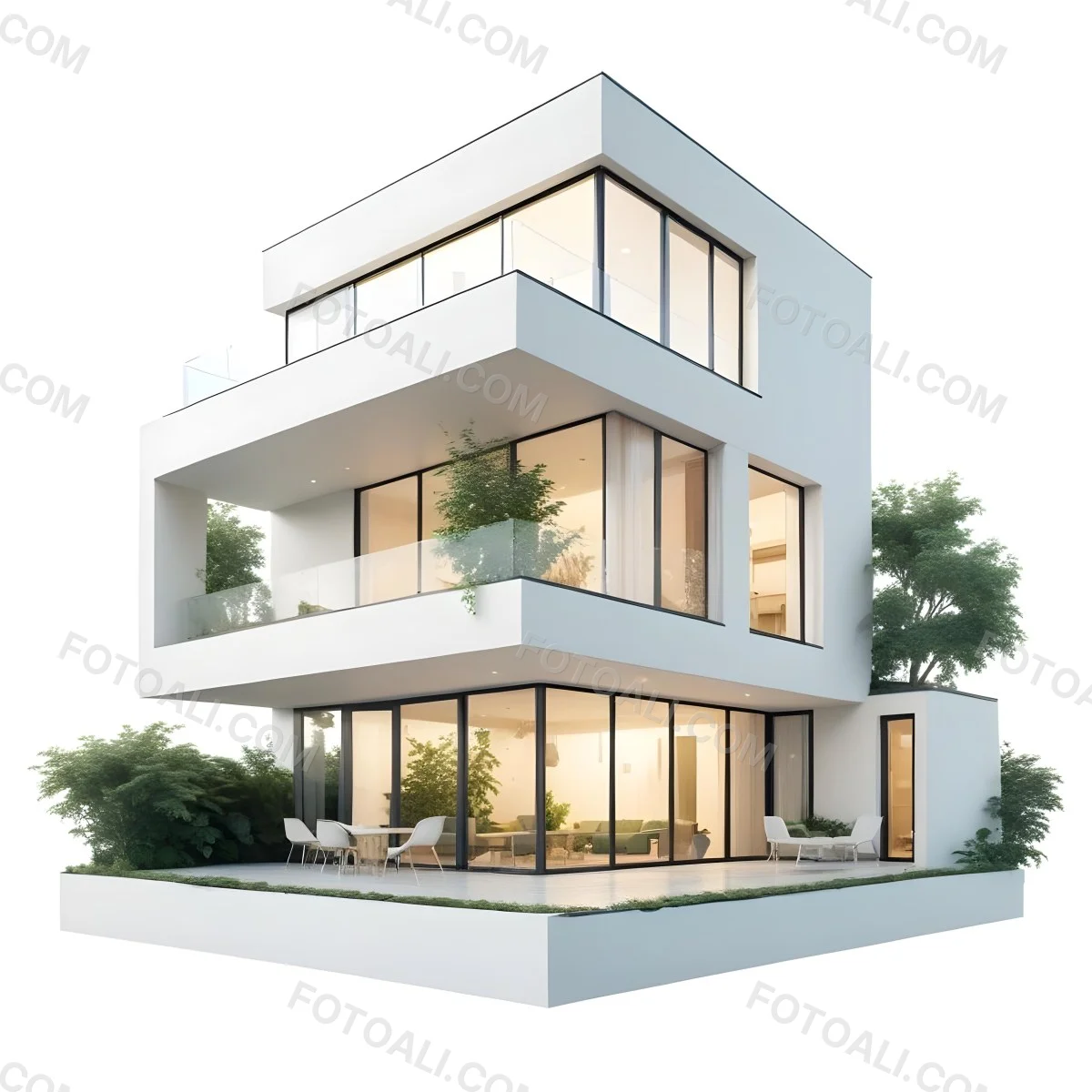 Modern Minimalist Green Three Story House With Large Windows And Green Roof Surrounded By Green Trees And Plants Bright Sunlight Clean Lines Open Floor Plan Outdoor Seating Area 86 D19f