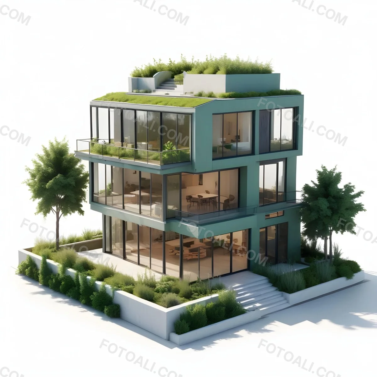 Modern Minimalist Green Three Story House With Large Windows And Green Roof Surrounded By Green Trees And Plants Bright Sunlight Clean Lines Open Floor Plan Outdoor Seating Area 9 5a72