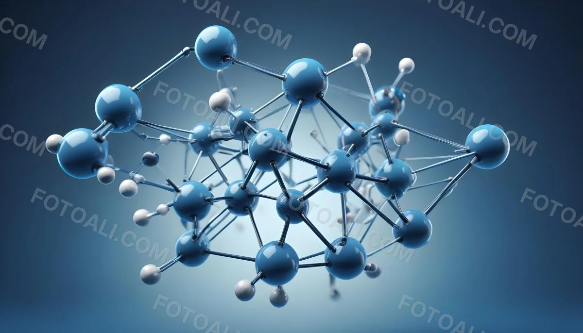 Molecular Structure With Interconnected Spheres And Rods Showcasing A Complex Network Of Atoms In A Scientific Or Technological Context Blue Background 28 3e4e