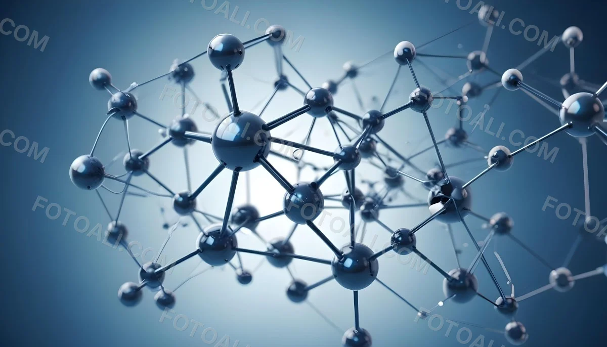 Molecular Structure With Interconnected Spheres And Rods Showcasing A Complex Network Of Atoms In A Scientific Or Technological Context Blue Background 3 6de7