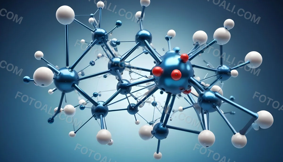 Molecular Structure With Interconnected Spheres And Rods Showcasing A Complex Network Of Atoms In A Scientific Or Technological Context Blue Background 30 8a91