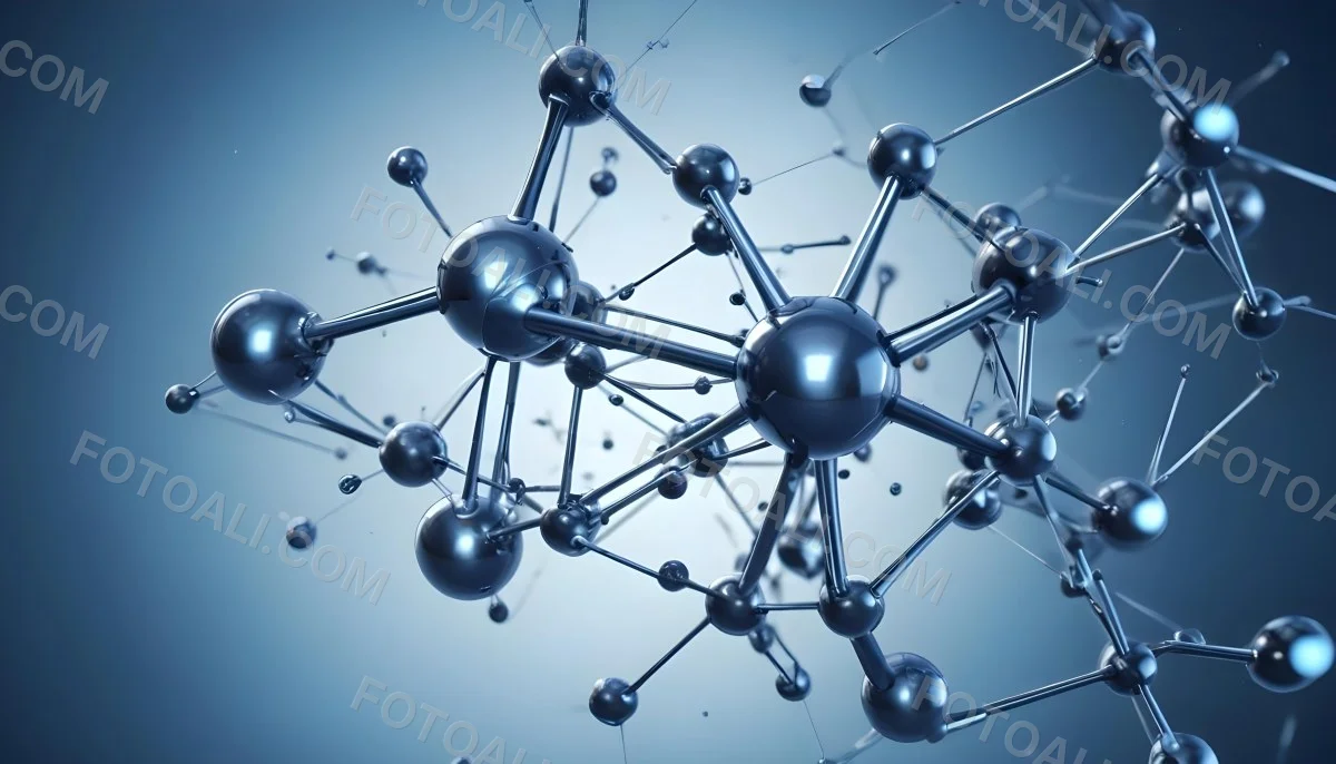 Molecular Structure With Interconnected Spheres And Rods Showcasing A Complex Network Of Atoms In A Scientific Or Technological Context Blue Background 31 E5a1