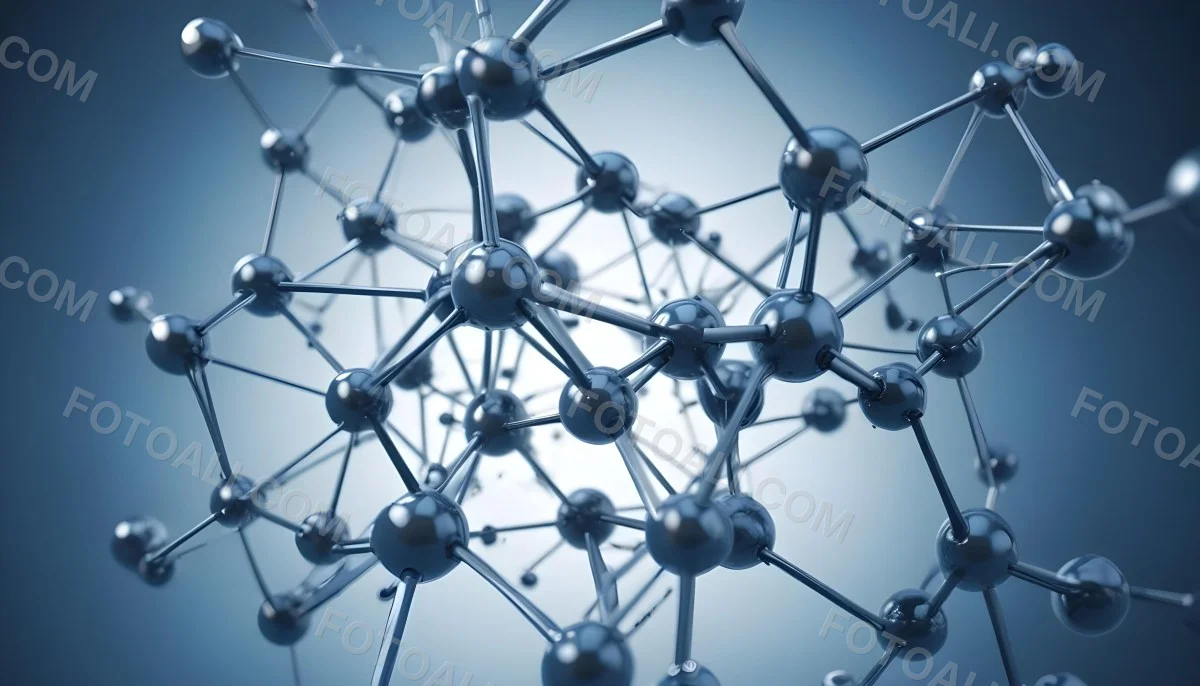 Molecular Structure With Interconnected Spheres And Rods Showcasing A Complex Network Of Atoms In A Scientific Or Technological Context Blue Background 32 634f