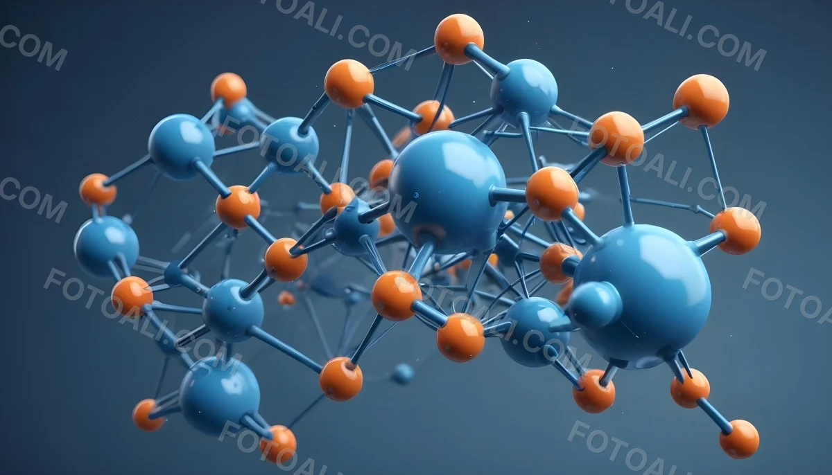Molecular Structure With Interconnected Spheres And Rods Showcasing A Complex Network Of Atoms In A Scientific Or Technological Context Blue Background 34 131b