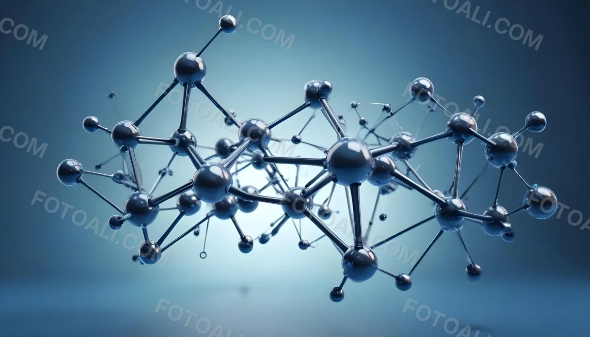 Molecular Structure With Interconnected Spheres And Rods Showcasing A Complex Network Of Atoms In A Scientific Or Technological Context Blue Background 4 86e9