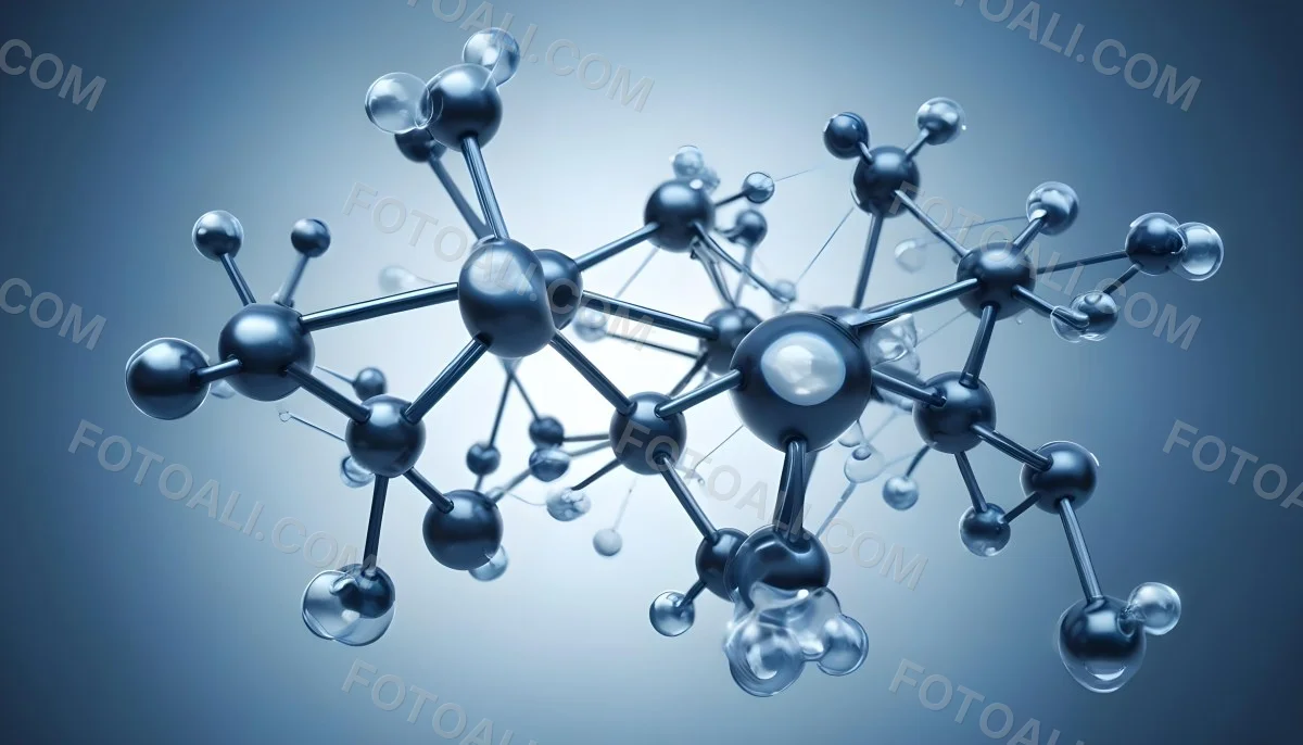 Molecular Structure With Interconnected Spheres And Rods Showcasing A Complex Network Of Atoms In A Scientific Or Technological Context Blue Background 7 2c98