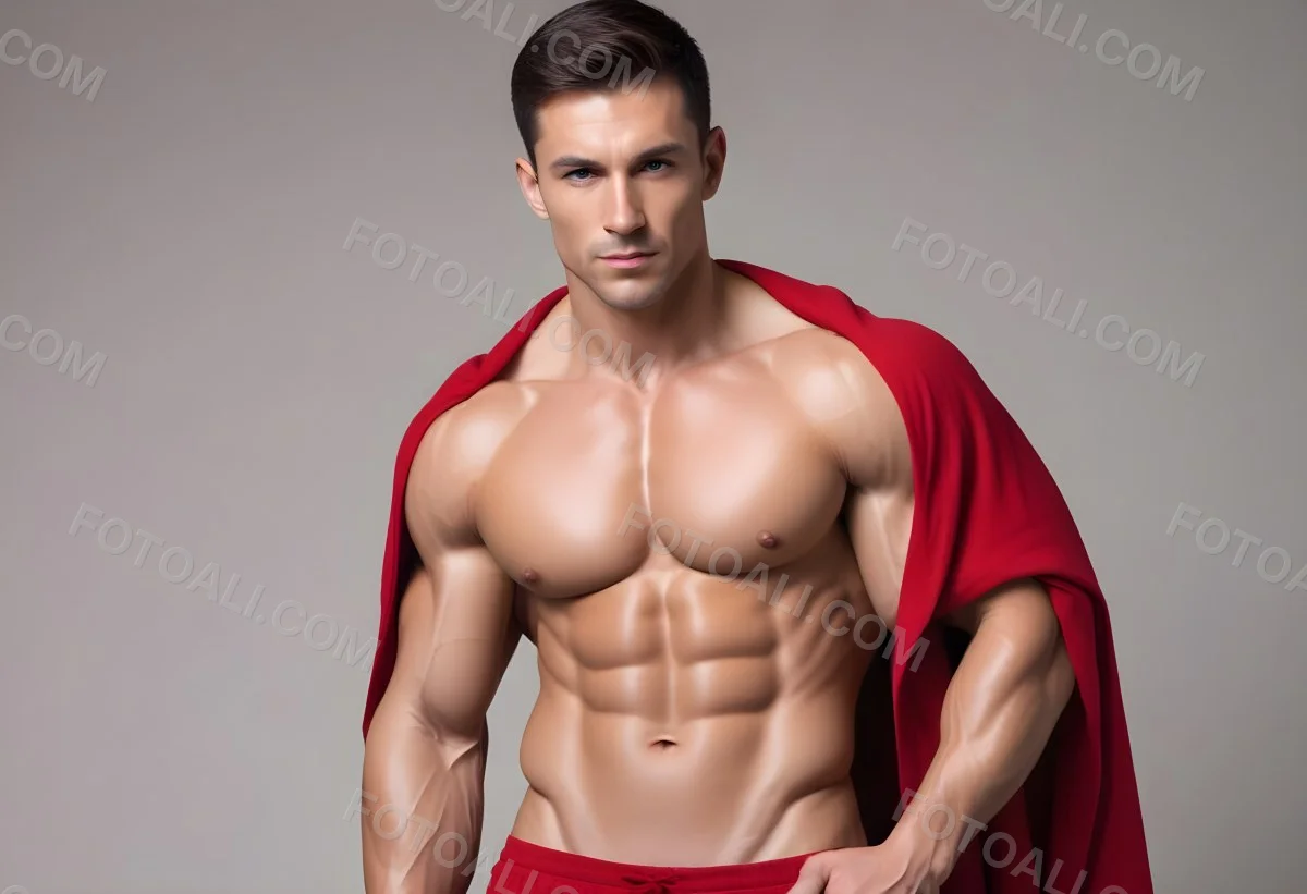 Muscular Shirtless Man With Abs Wearing A Red Clot 12 Dee3