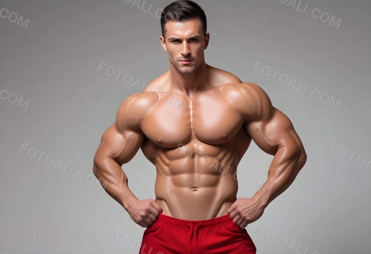 Muscular Shirtless Man With Abs Wearing A Red Clot 5 7884