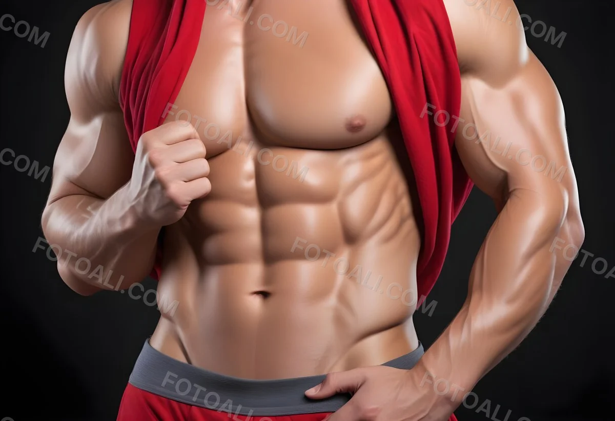 Muscular Shirtless Man With Abs Wearing A Red Clot 6 2d56