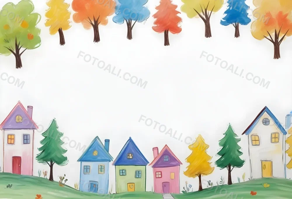 Oil Painting A Childish Drawing Of Colorful Houses And Trees On A White Background Creative Extremely Detailed Brush Stroke 23 C43b
