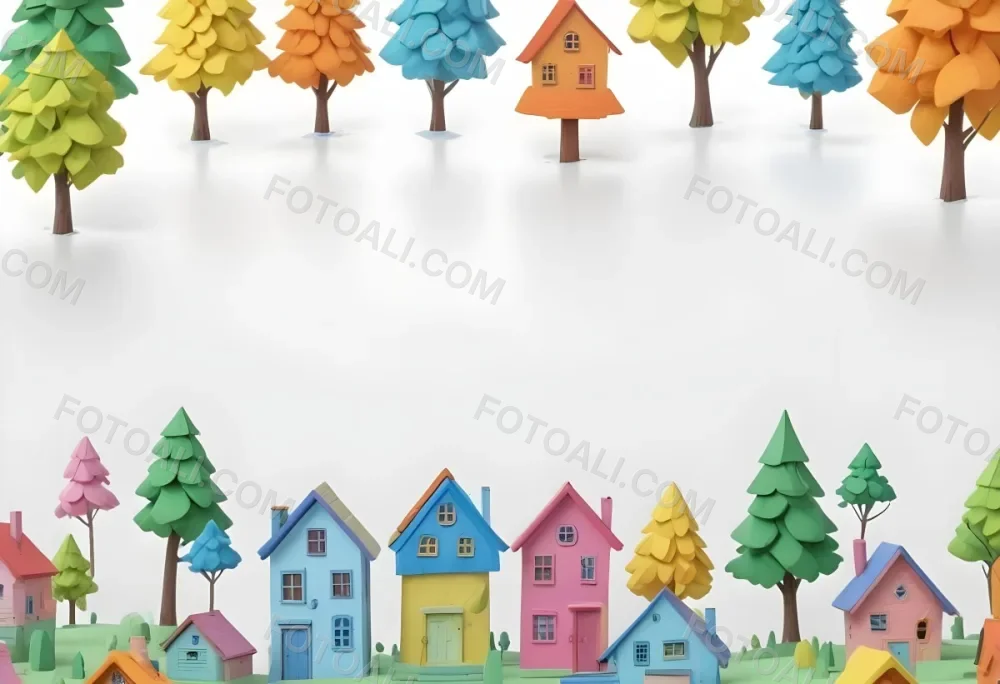 Oil Painting A Childish Drawing Of Colorful Houses And Trees On A White Background Creative Extremely Detailed Brush Stroke 24 Be49