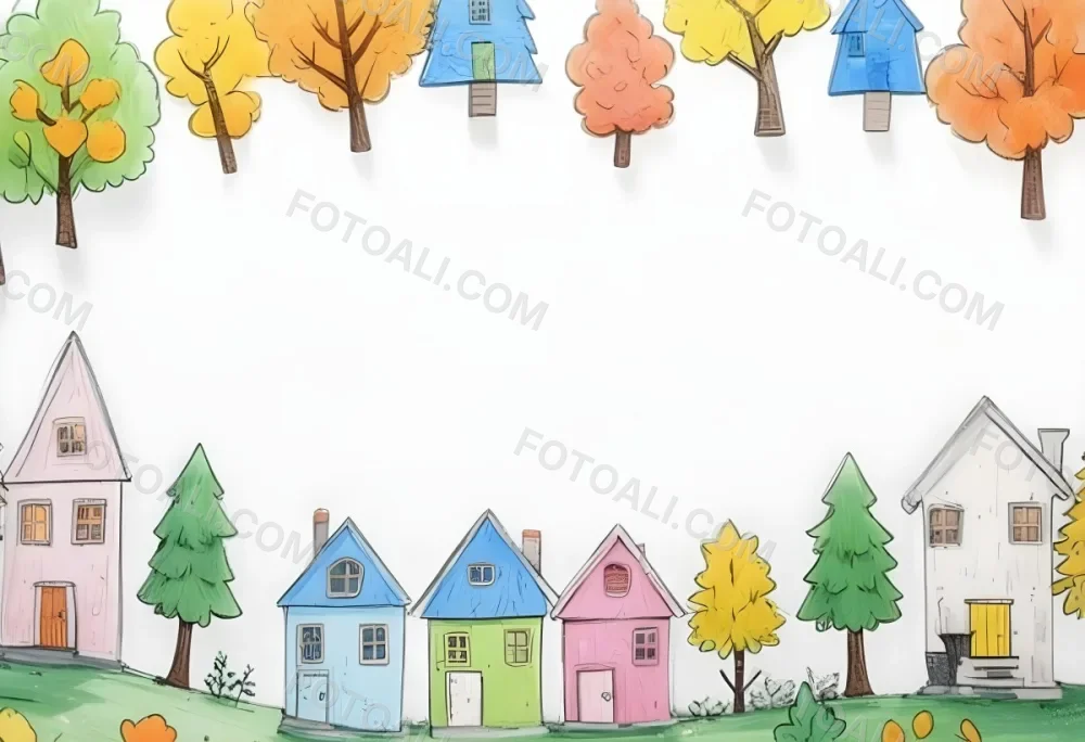 Oil Painting A Childish Drawing Of Colorful Houses And Trees On A White Background Creative Extremely Detailed Brush Stroke 48 Bc91