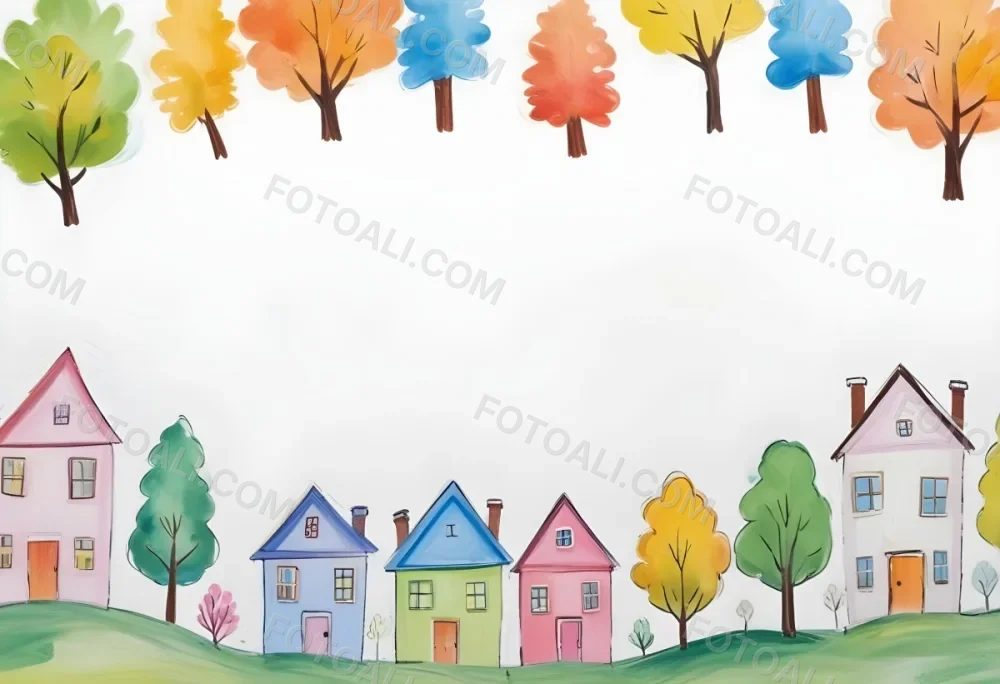 Oil Painting A Childish Drawing Of Colorful Houses And Trees On A White Background Creative Extremely Detailed Brush Stroke 49 59ba