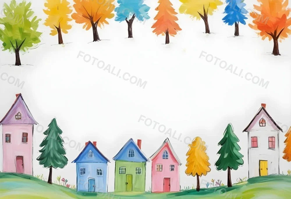 Oil Painting A Childish Drawing Of Colorful Houses And Trees On A White Background Creative Extremely Detailed Brush Stroke 5 8445