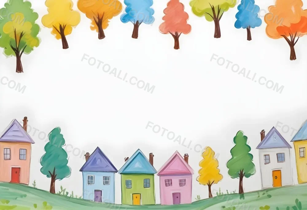 Oil Painting A Childish Drawing Of Colorful Houses And Trees On A White Background Creative Extremely Detailed Brush Stroke 63 793a