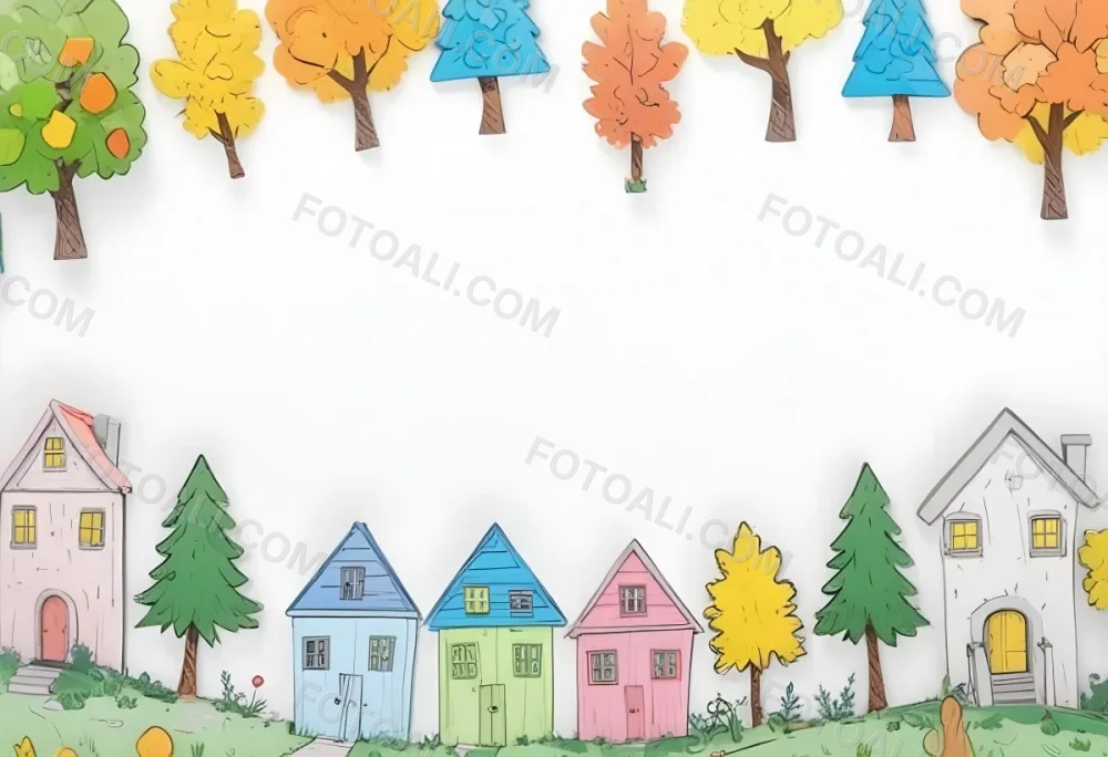 Oil Painting A Childish Drawing Of Colorful Houses And Trees On A White Background Creative Extremely Detailed Brush Stroke 66 2858