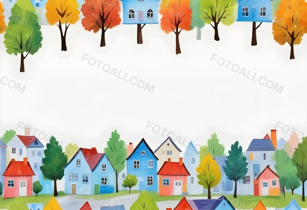 Oil Painting A Childish Drawing Of Colorful Houses And Trees On A White Background Creative Extremely Detailed Brush Stroke 69 2e55