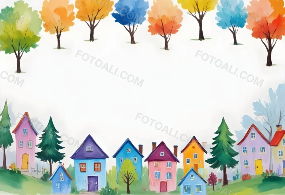 Oil Painting A Childish Drawing Of Colorful Houses And Trees On A White Background Creative Extremely Detailed Brush Stroke 73 84ac