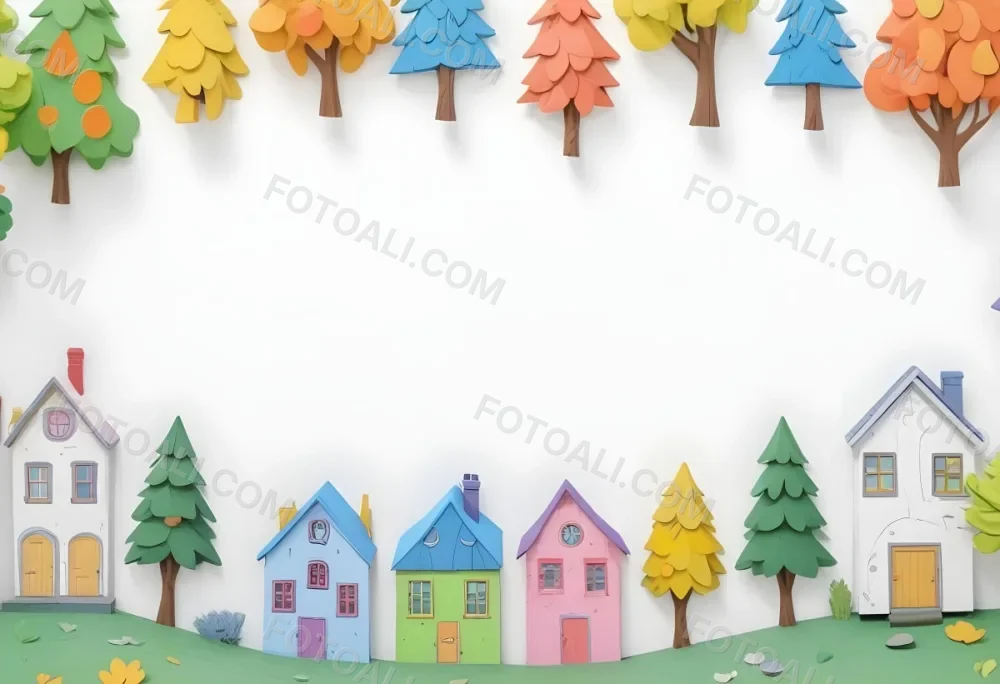 Oil Painting A Childish Drawing Of Colorful Houses And Trees On A White Background Creative Extremely Detailed Brush Stroke 74 Eb00