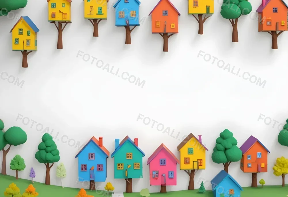 Oil Painting A Childish Drawing Of Colorful Houses And Trees On A White Background Creative Extremely Detailed Brush Stroke 8 Fedf