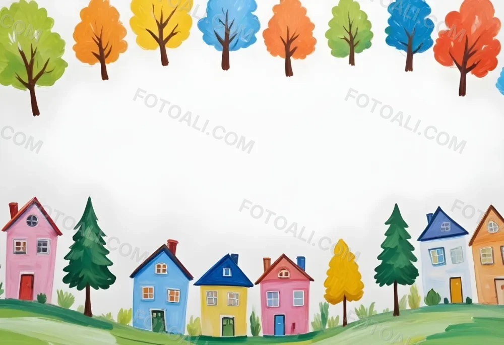 Oil Painting A Childish Drawing Of Colorful Houses And Trees On A White Background Creative Extremely Detailed Brush Stroke 9 Cfa0