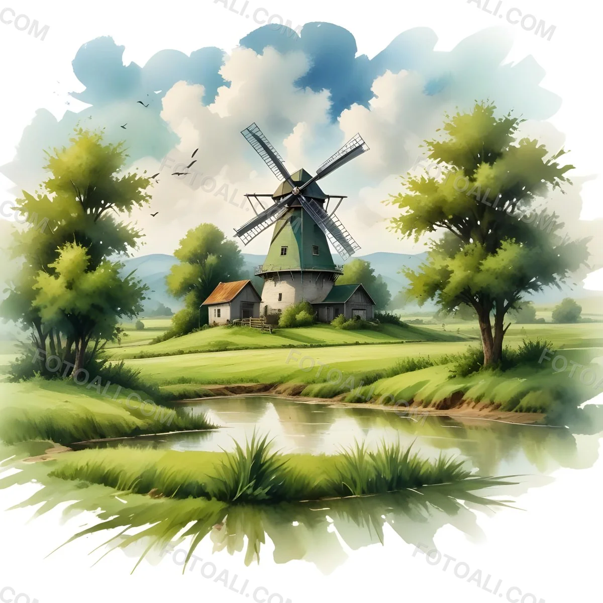 Oil Painting A Green Farm With A Windmill Surrounded By Green Trees And Grass Watercolor Style With A Cloudy Sky And Birds Flying Above Creative Extremely Detailed Brush Stroke 10 A40d