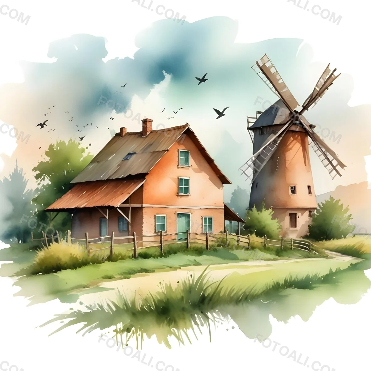 Oil Painting A Green Farm With A Windmill Surrounded By Green Trees And Grass Watercolor Style With A Cloudy Sky And Birds Flying Above Creative Extremely Detailed Brush Stroke 11 F7de