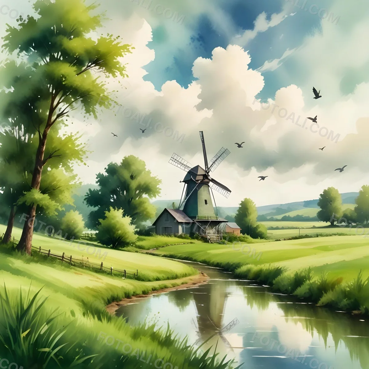 Oil Painting A Green Farm With A Windmill Surrounded By Green Trees And Grass Watercolor Style With A Cloudy Sky And Birds Flying Above Creative Extremely Detailed Brush Stroke 2 074b