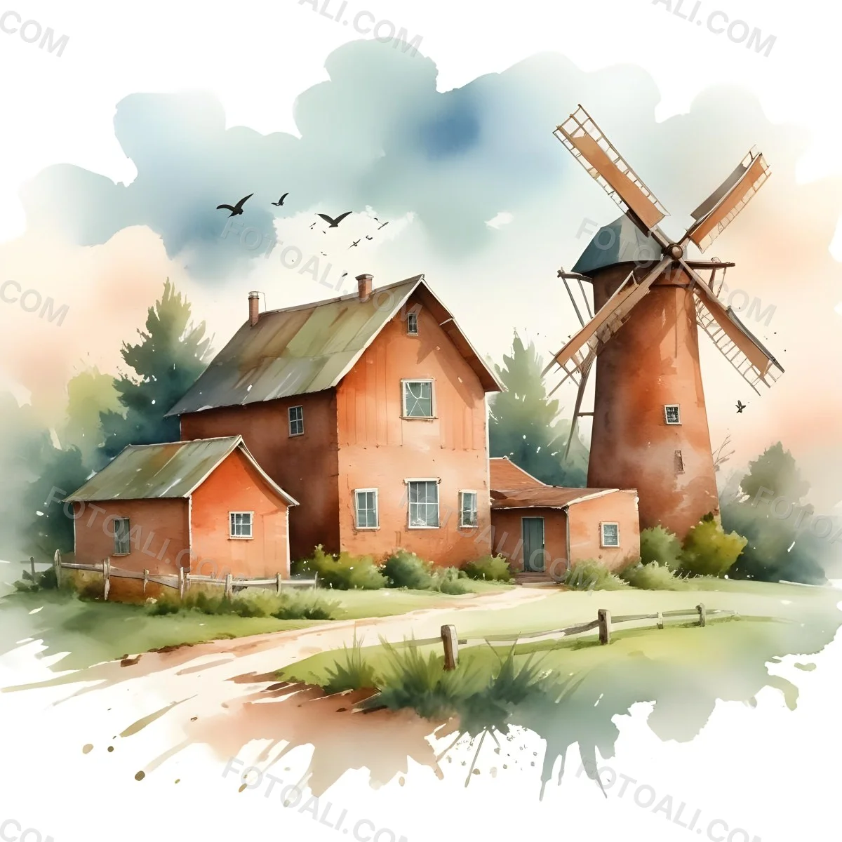 Oil Painting A Green Farm With A Windmill Surrounded By Green Trees And Grass Watercolor Style With A Cloudy Sky And Birds Flying Above Creative Extremely Detailed Brush Stroke 3 09fd