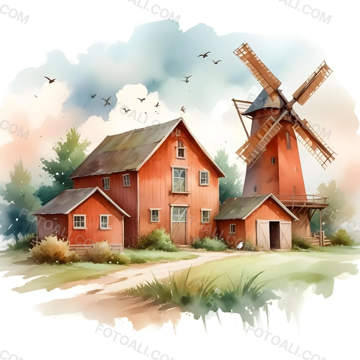 Oil Painting A Green Farm With A Windmill Surrounded By Green Trees And Grass Watercolor Style With A Cloudy Sky And Birds Flying Above Creative Extremely Detailed Brush Stroke 43 A53f