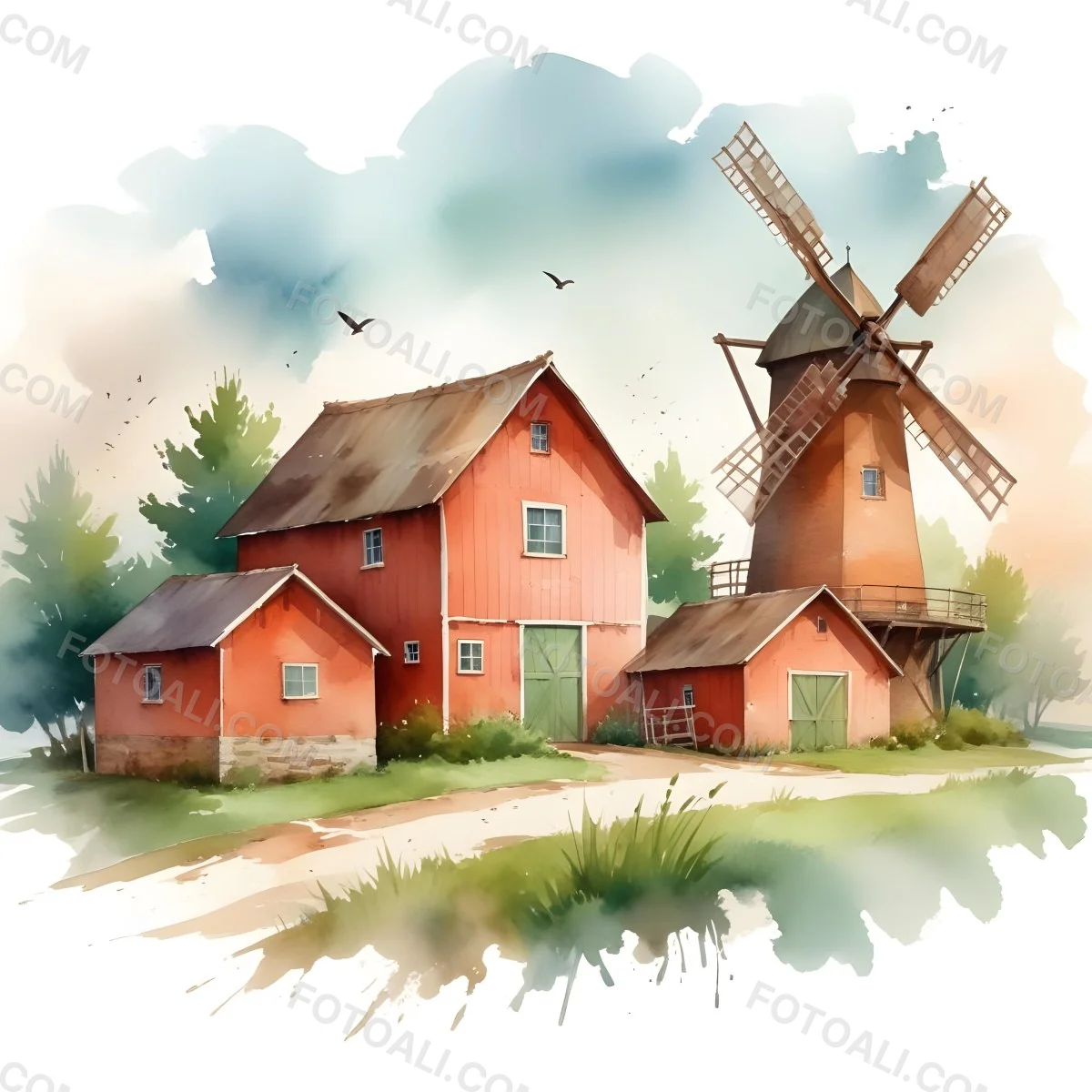 Oil Painting A Green Farm With A Windmill Surrounded By Green Trees And Grass Watercolor Style With A Cloudy Sky And Birds Flying Above Creative Extremely Detailed Brush Stroke 44 Ba4e