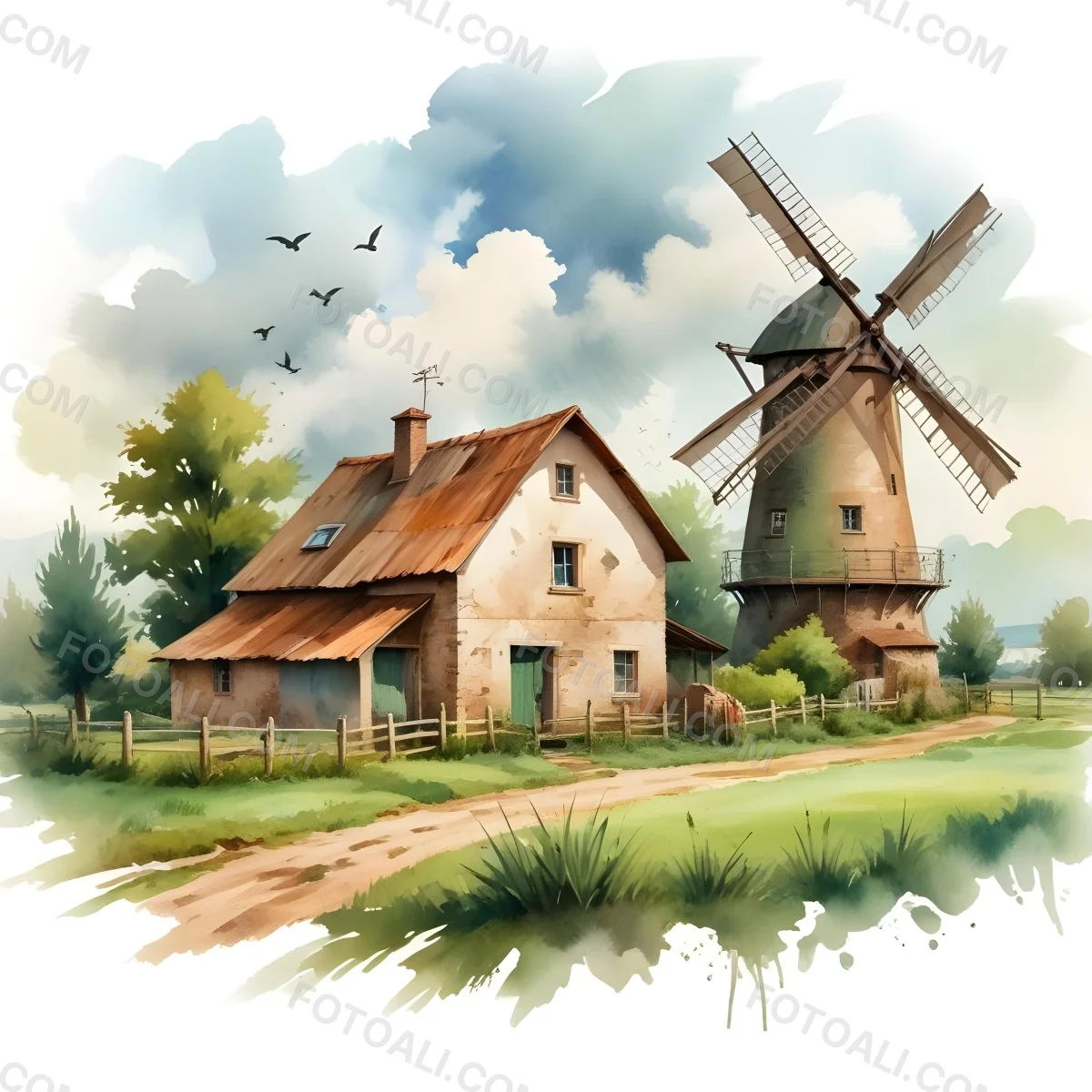 Oil Painting A Green Farm With A Windmill Surrounded By Green Trees And Grass Watercolor Style With A Cloudy Sky And Birds Flying Above Creative Extremely Detailed Brush Stroke 45 4941