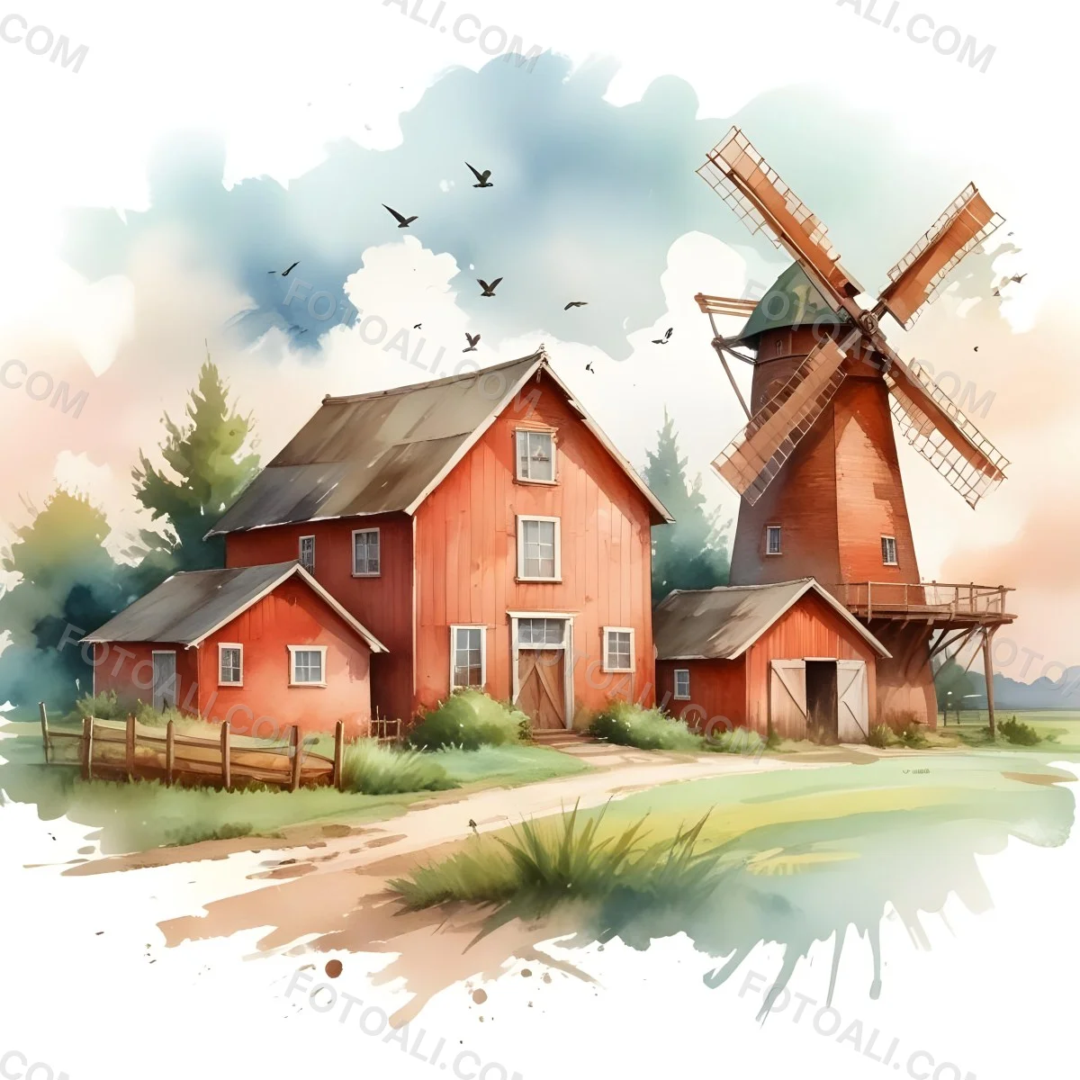 Oil Painting A Green Farm With A Windmill Surrounded By Green Trees And Grass Watercolor Style With A Cloudy Sky And Birds Flying Above Creative Extremely Detailed Brush Stroke 47 F818