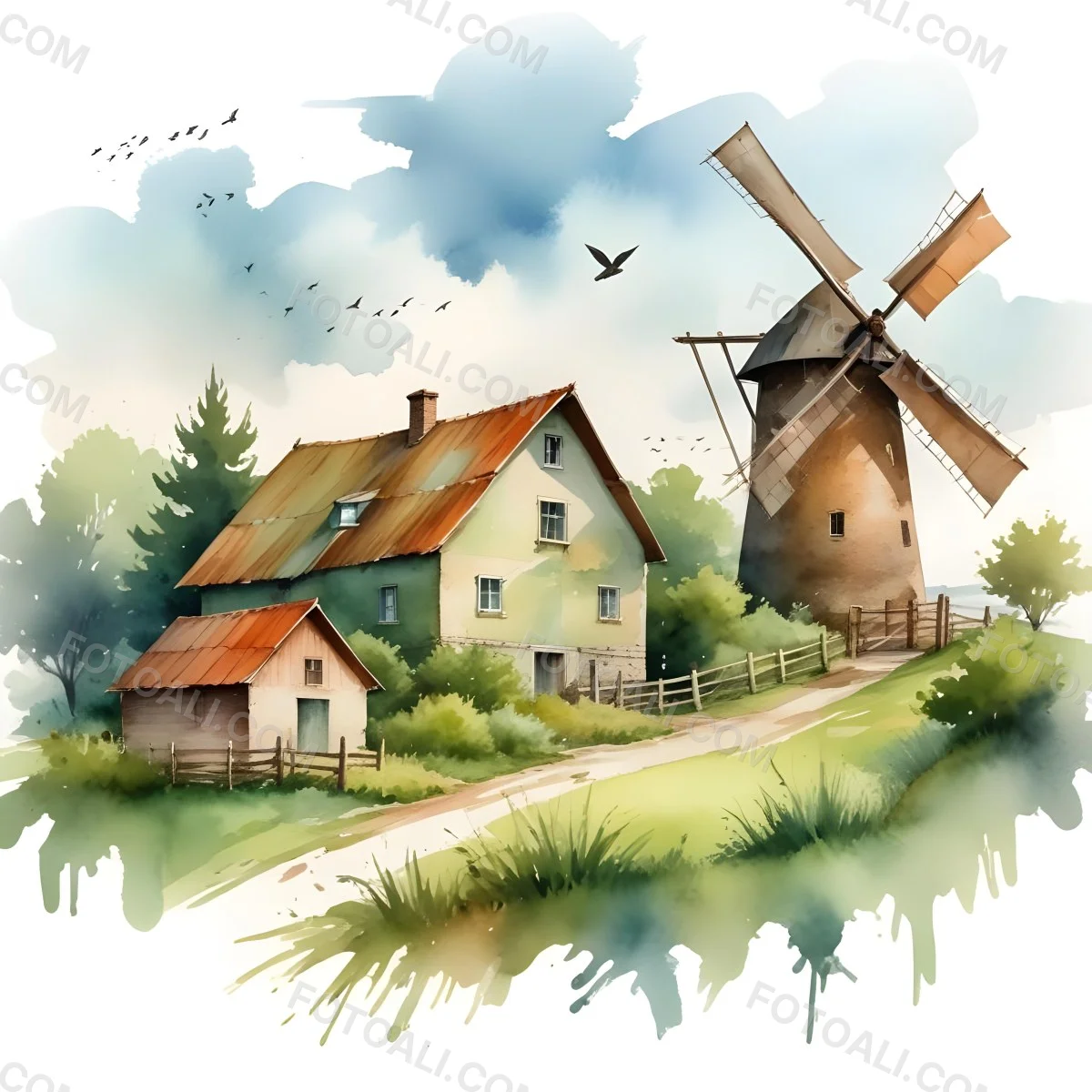 Oil Painting A Green Farm With A Windmill Surrounded By Green Trees And Grass Watercolor Style With A Cloudy Sky And Birds Flying Above Creative Extremely Detailed Brush Stroke 48 6220