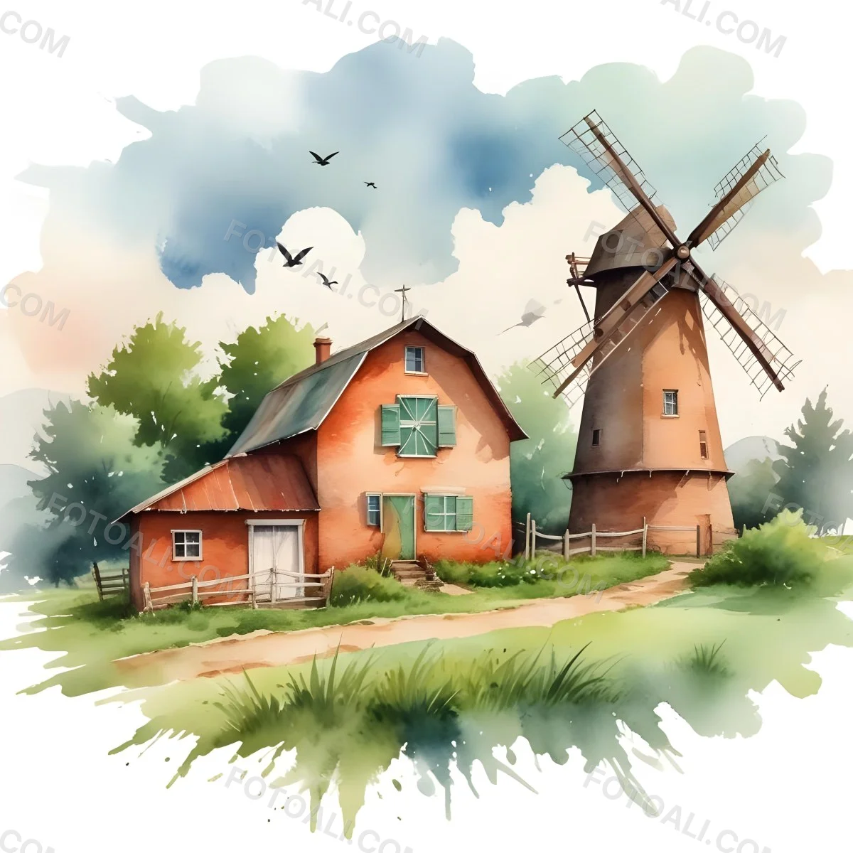 Oil Painting A Green Farm With A Windmill Surrounded By Green Trees And Grass Watercolor Style With A Cloudy Sky And Birds Flying Above Creative Extremely Detailed Brush Stroke 49 35a0