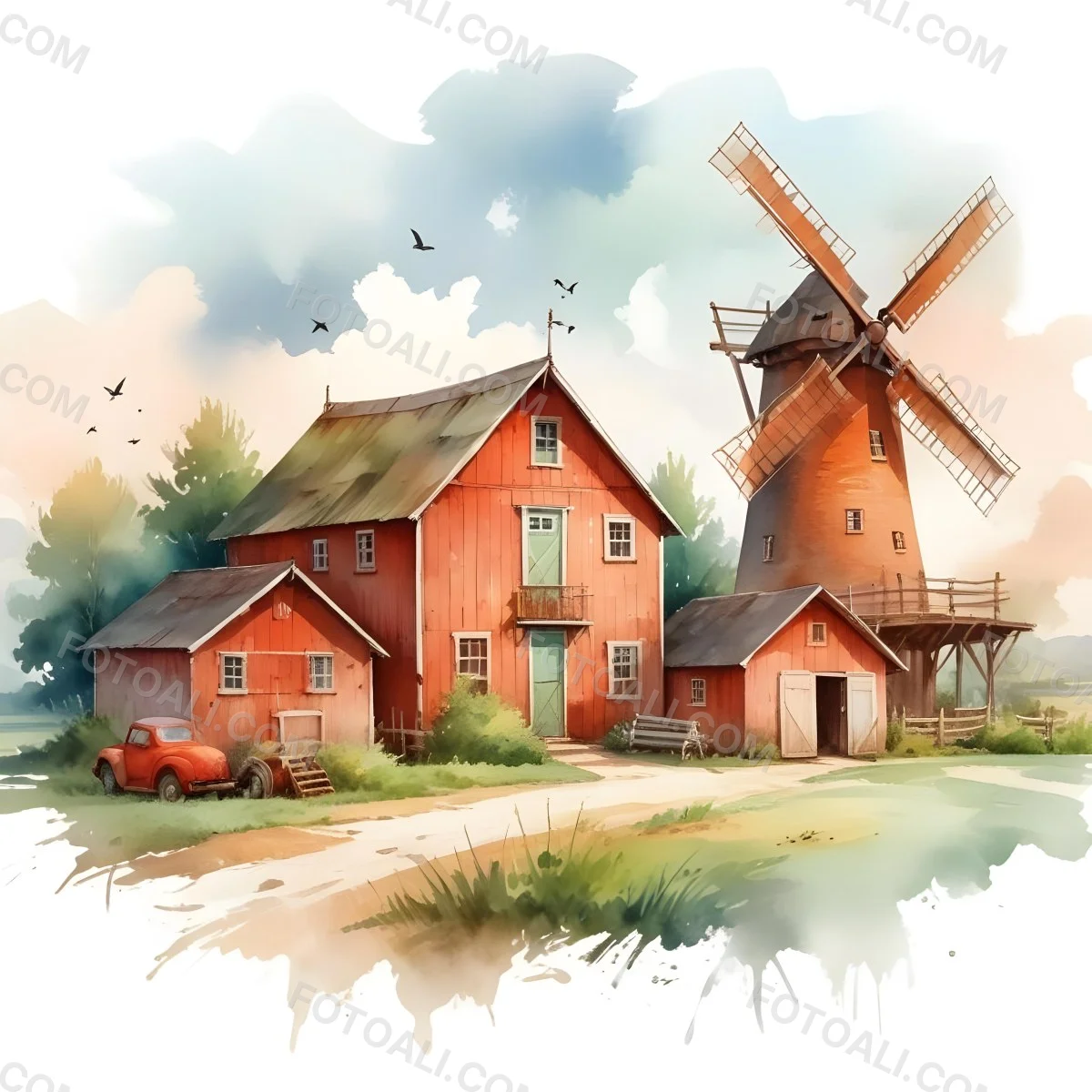 Oil Painting A Green Farm With A Windmill Surrounded By Green Trees And Grass Watercolor Style With A Cloudy Sky And Birds Flying Above Creative Extremely Detailed Brush Stroke 50 120c