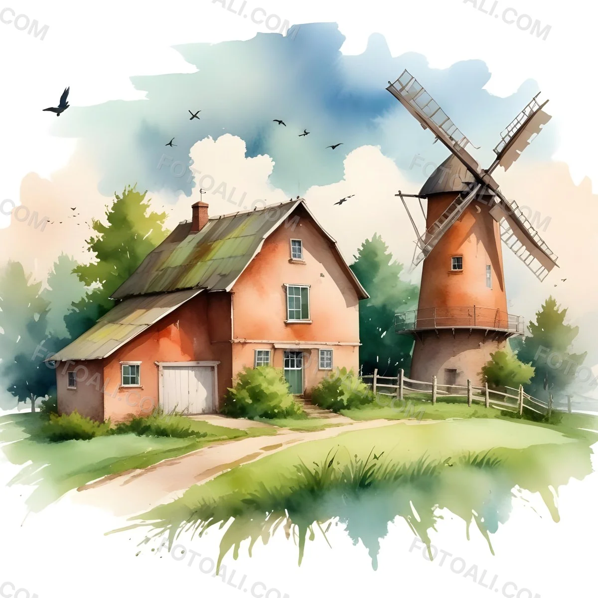 Oil Painting A Green Farm With A Windmill Surrounded By Green Trees And Grass Watercolor Style With A Cloudy Sky And Birds Flying Above Creative Extremely Detailed Brush Stroke 7 0554