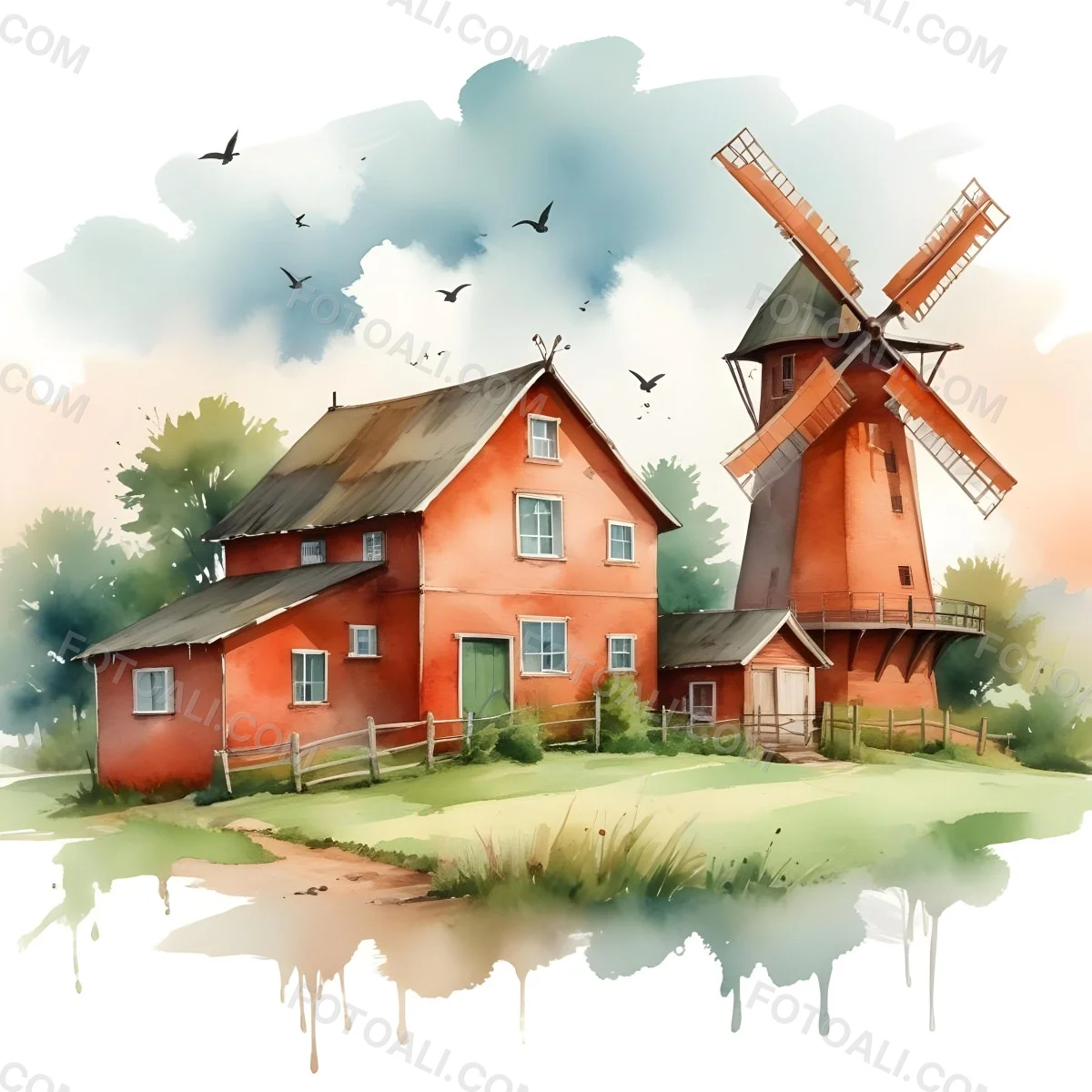 Oil Painting A Green Farm With A Windmill Surrounded By Green Trees And Grass Watercolor Style With A Cloudy Sky And Birds Flying Above Creative Extremely Detailed Brush Stroke 9 12da