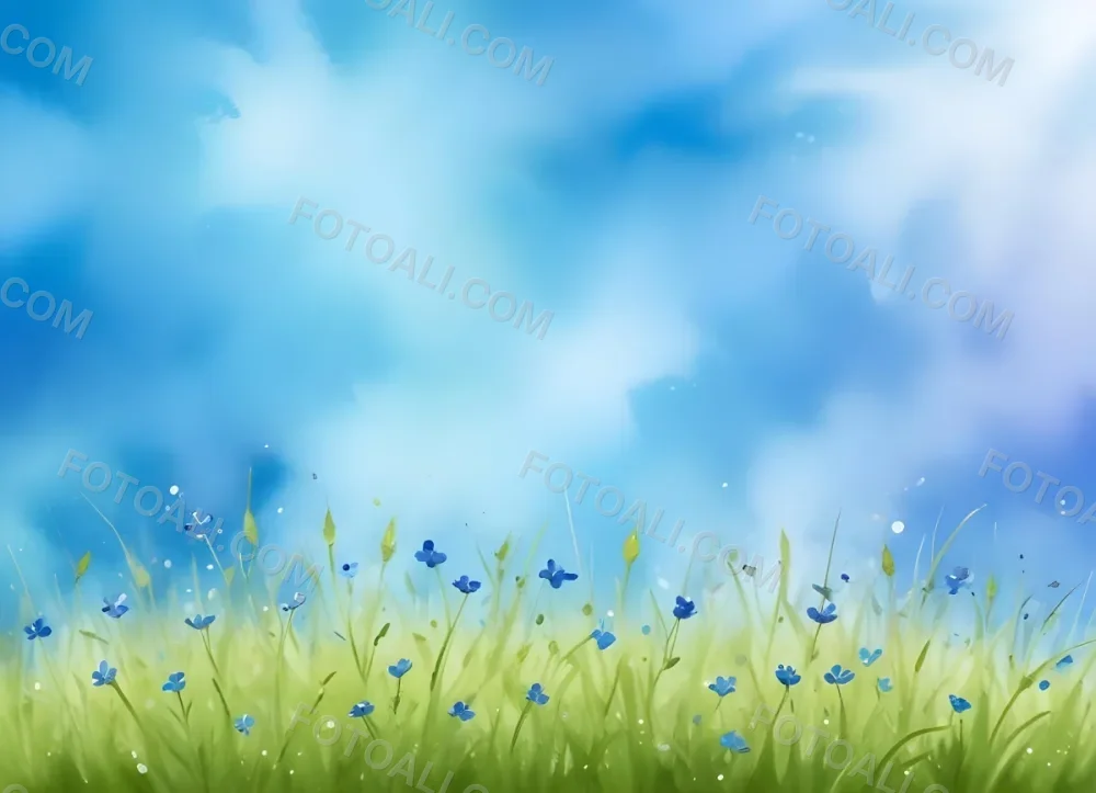 Oil Painting A Green Grass Field With Small Blue Flowers Under A Bright Blue Sky With Bokeh Effect Creating A Fresh And Vibrant Outdoor Scene Creative Extremely Detailed Brush Stroke 29 9fa7