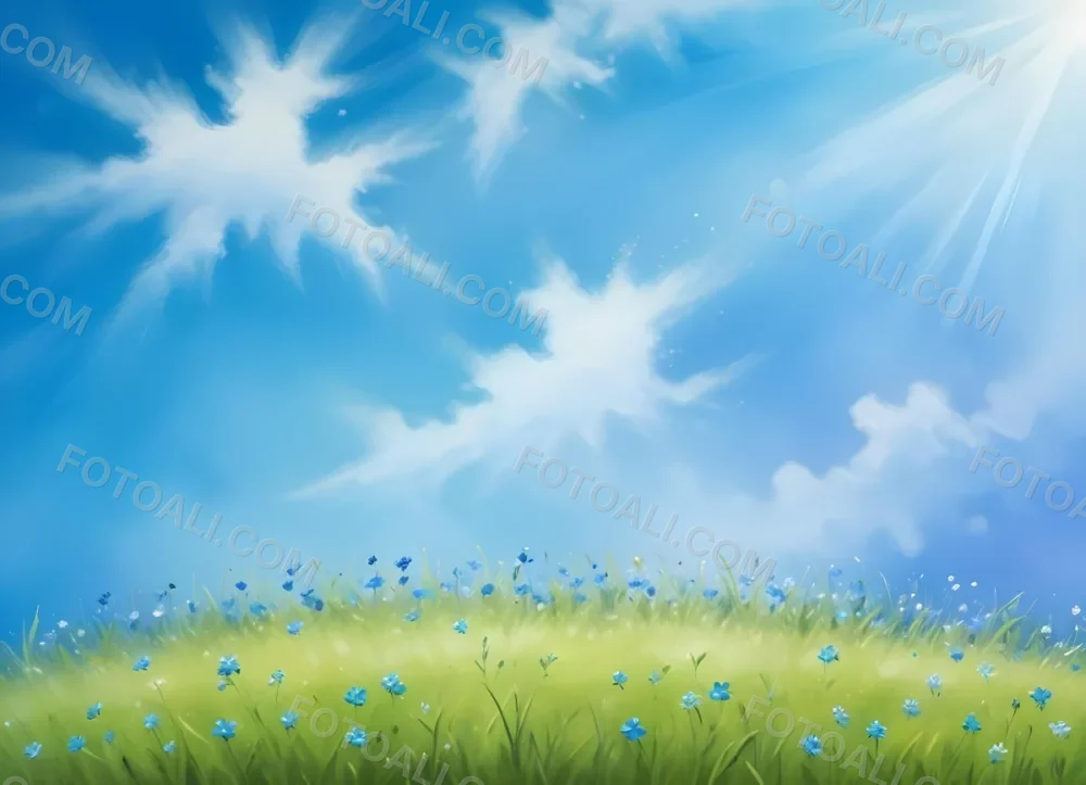 Oil Painting A Green Grass Field With Small Blue Flowers Under A Bright Blue Sky With Bokeh Effect Creating A Fresh And Vibrant Outdoor Scene Creative Extremely Detailed Brush Stroke 3 7c4e