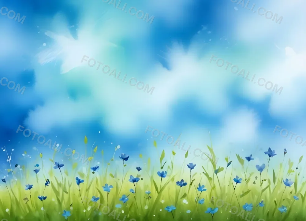 Oil Painting A Green Grass Field With Small Blue Flowers Under A Bright Blue Sky With Bokeh Effect Creating A Fresh And Vibrant Outdoor Scene Creative Extremely Detailed Brush Stroke 4 2fa0
