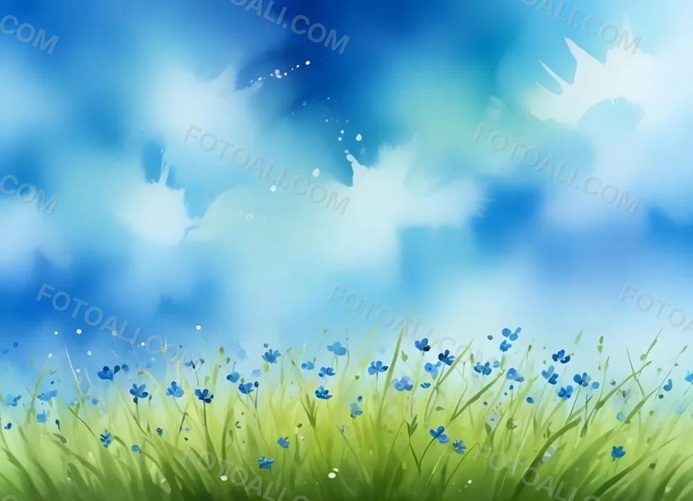 Oil Painting A Green Grass Field With Small Blue Flowers Under A Bright Blue Sky With Bokeh Effect Creating A Fresh And Vibrant Outdoor Scene Creative Extremely Detailed Brush Stroke 40 2d5e