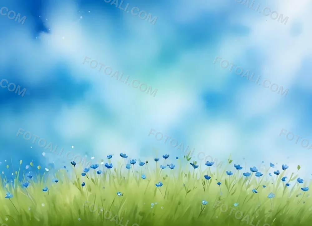 Oil Painting A Green Grass Field With Small Blue Flowers Under A Bright Blue Sky With Bokeh Effect Creating A Fresh And Vibrant Outdoor Scene Creative Extremely Detailed Brush Stroke 44 67f5