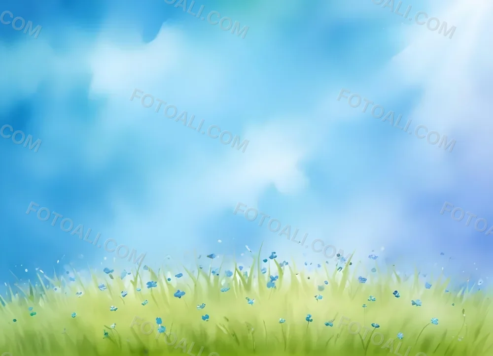 Oil Painting A Green Grass Field With Small Blue Flowers Under A Bright Blue Sky With Bokeh Effect Creating A Fresh And Vibrant Outdoor Scene Creative Extremely Detailed Brush Stroke 45 816d